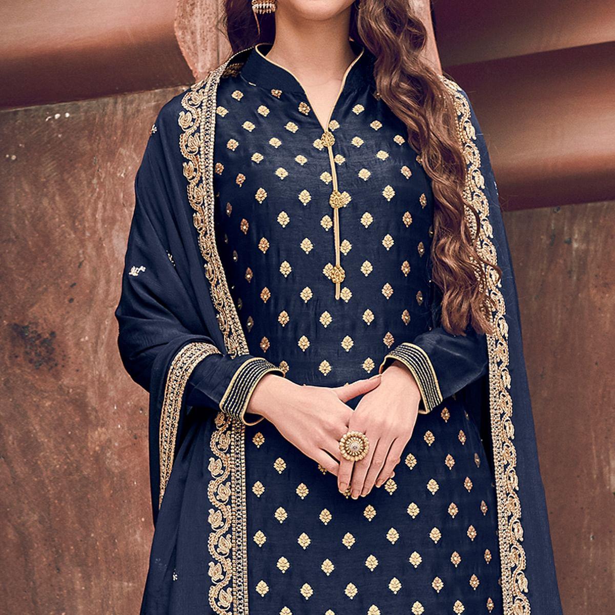 Blue Embroidered Pure Dola Jacquard Partywear Suit - Peachmode