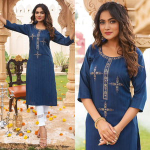 Blue Embroidered Rayon Kurti - Peachmode