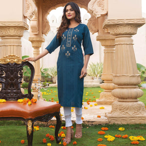 Blue Embroidered Rayon Kurti - Peachmode
