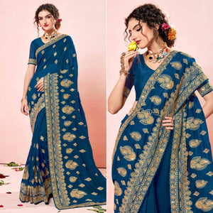 Blue Embroidered Vichitra Silk Saree - Peachmode