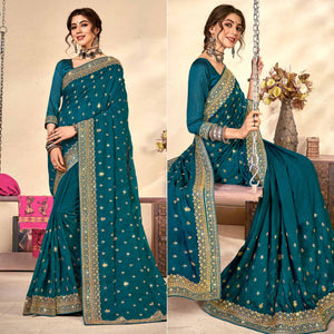 Blue Embroidered Vichitra Silk Saree - Peachmode