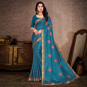 Blue Embroidered Vichitra Silk Saree - Peachmode