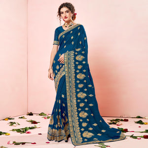 Blue Embroidered Vichitra Silk Saree - Peachmode