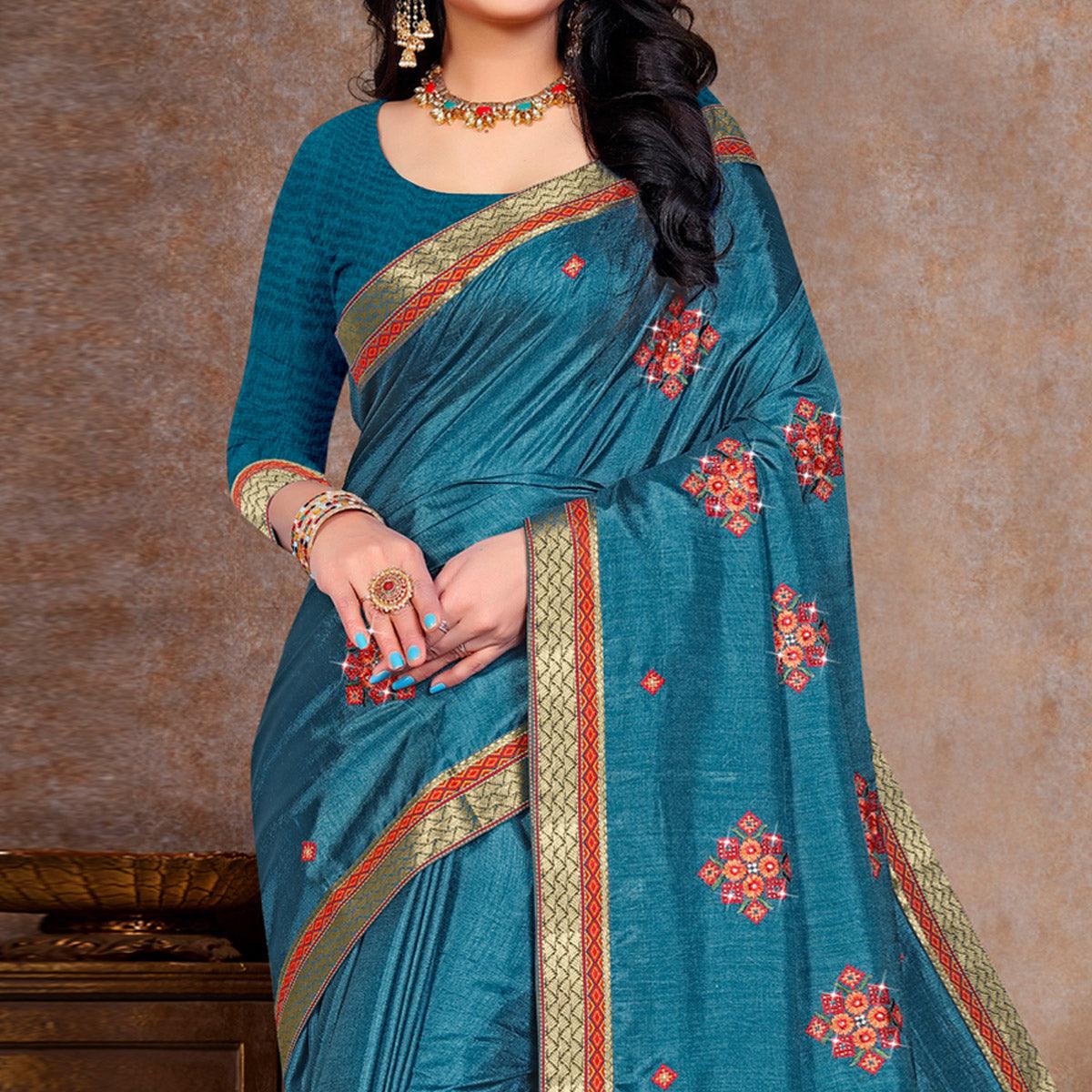 Blue Embroidered Vichitra Silk Saree - Peachmode