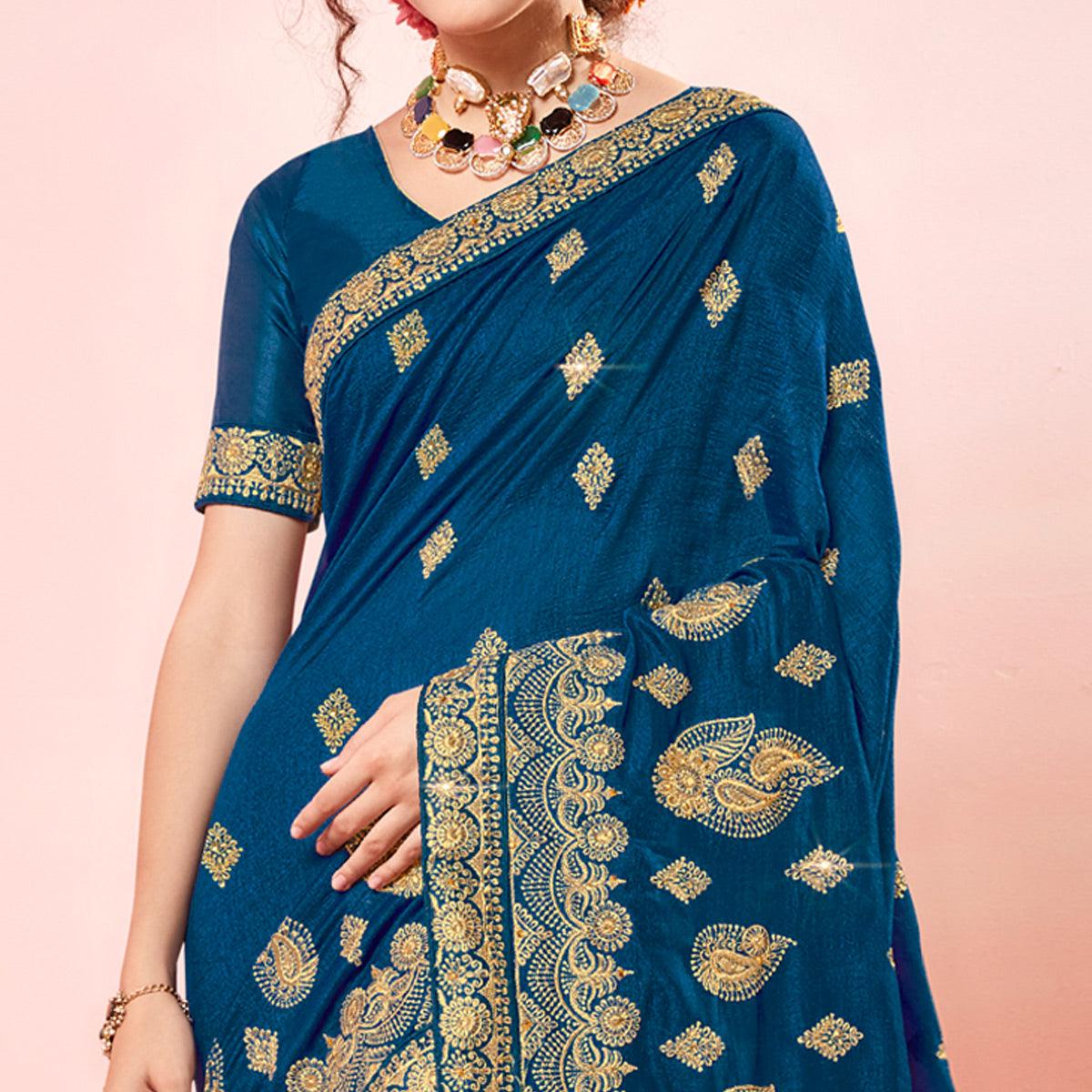 Blue Embroidered Vichitra Silk Saree - Peachmode