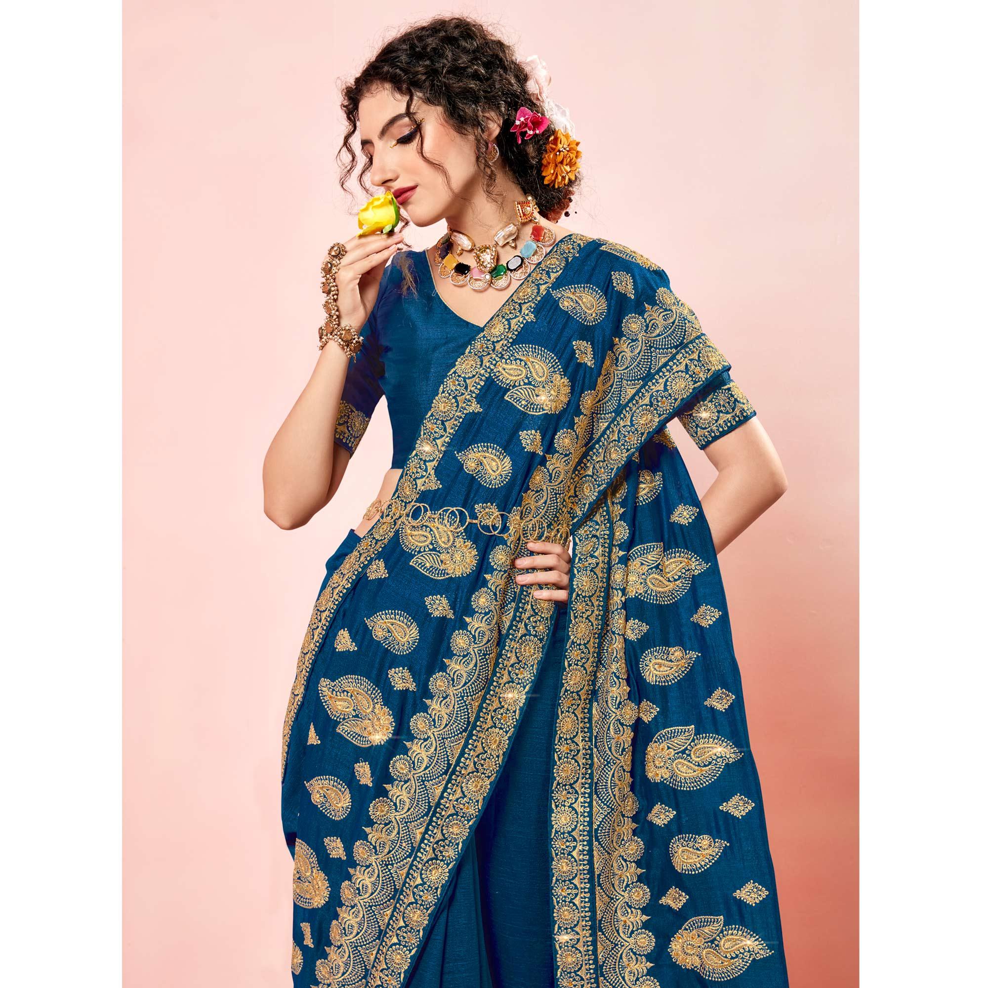 Blue Embroidered Vichitra Silk Saree - Peachmode