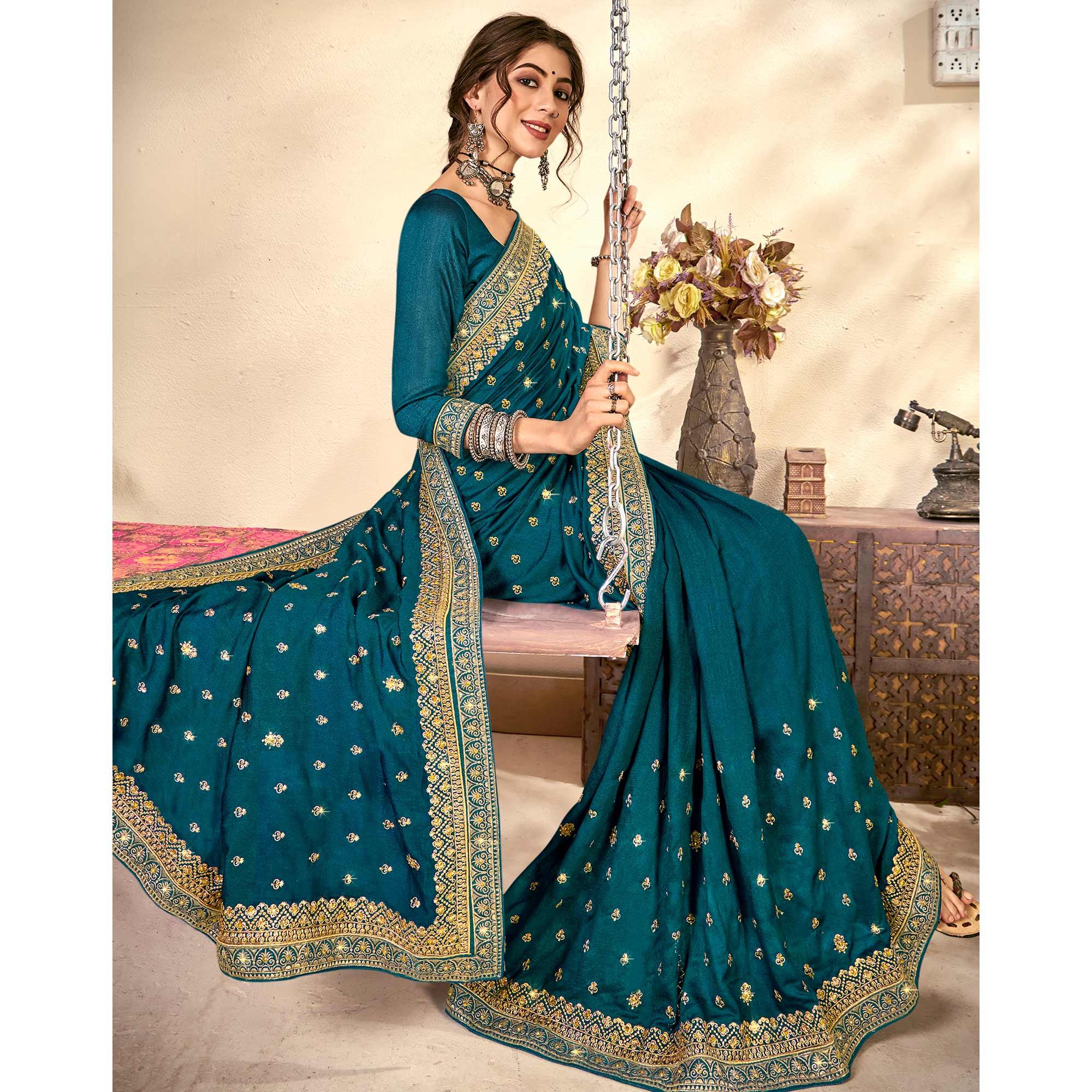 Blue Embroidered Vichitra Silk Saree - Peachmode