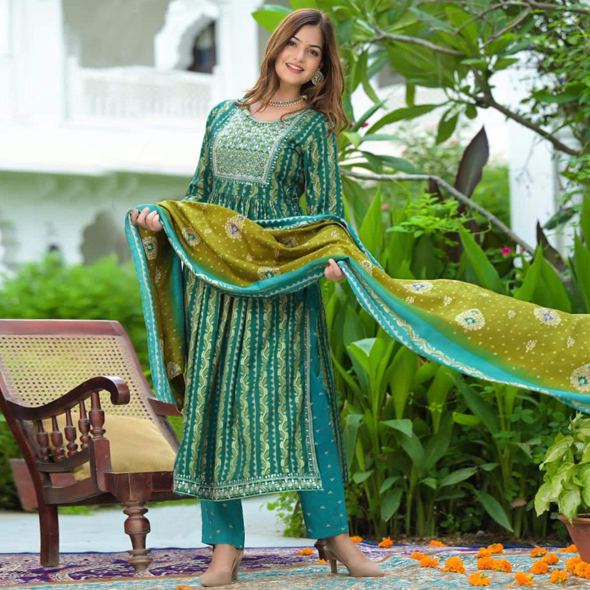 Blue Embroidered With Embellished Chanderi Salwar Suit - Peachmode