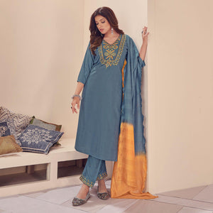 Blue Embroidered With Embellished Chiffon Kurti Pant Set With Dupatta - Peachmode