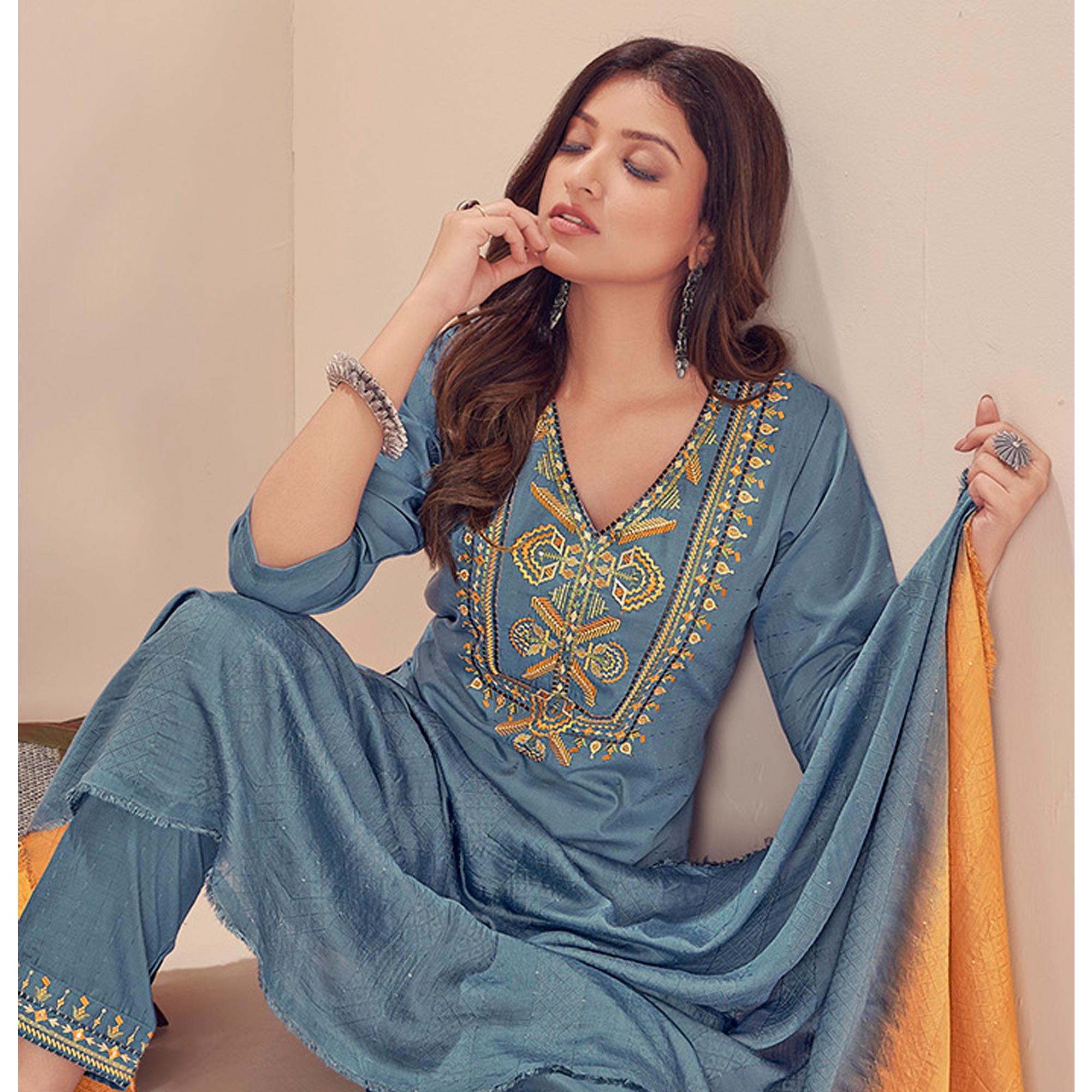 Blue Embroidered With Embellished Chiffon Kurti Pant Set With Dupatta - Peachmode