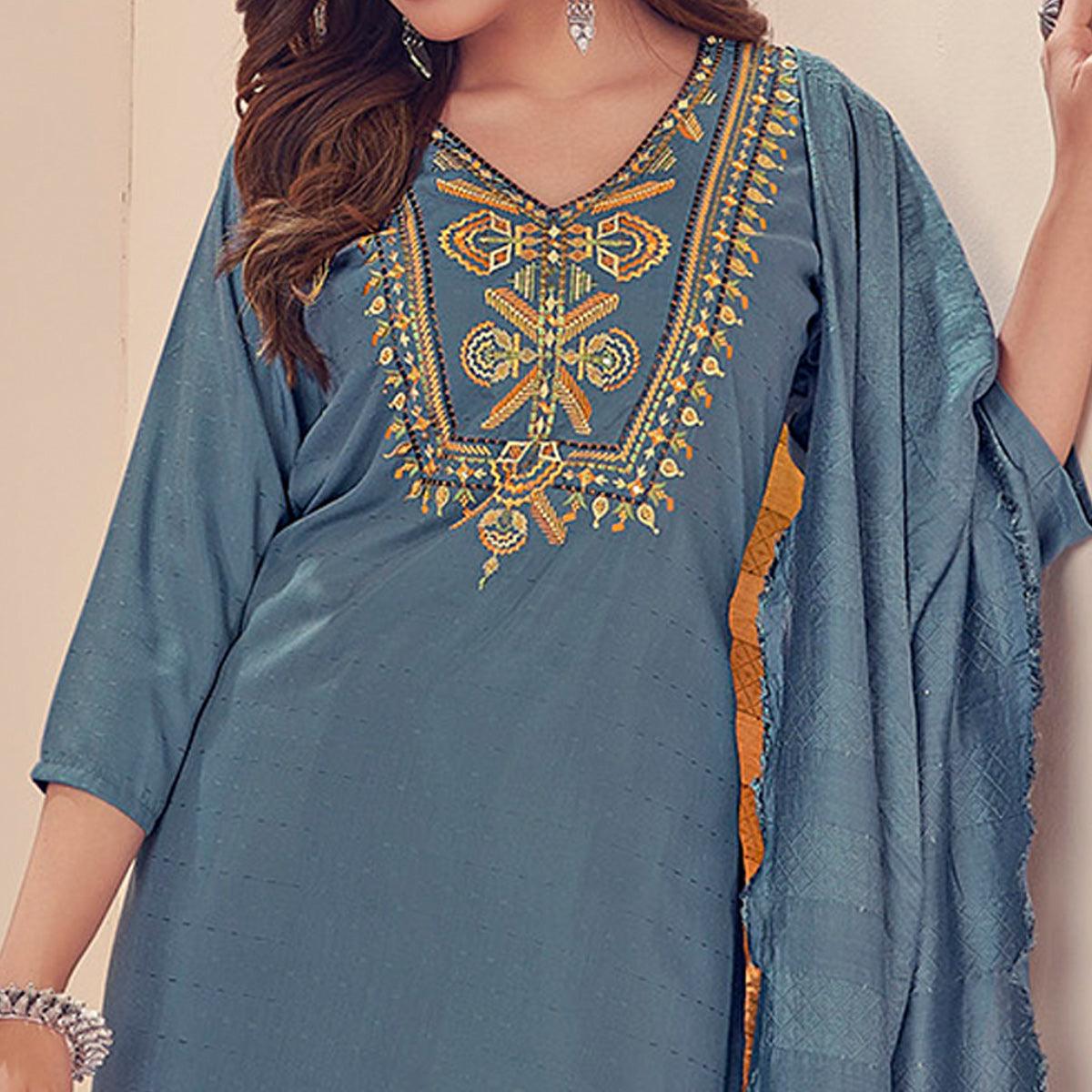 Blue Embroidered With Embellished Chiffon Kurti Pant Set With Dupatta - Peachmode