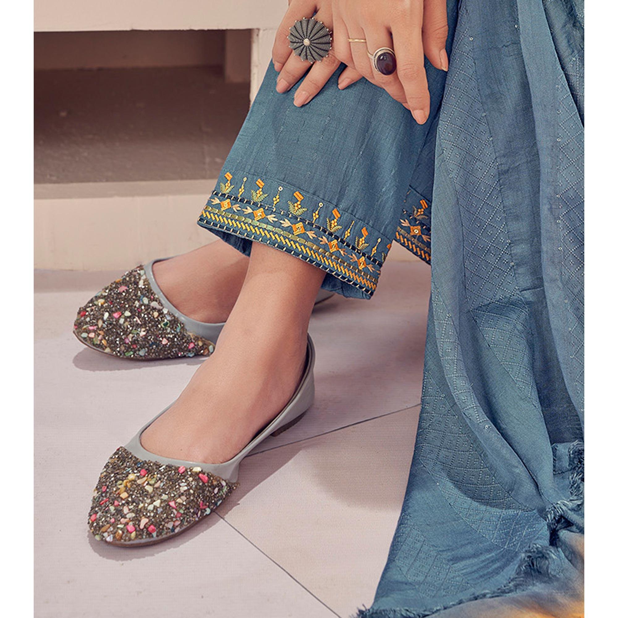 Blue Embroidered With Embellished Chiffon Kurti Pant Set With Dupatta - Peachmode