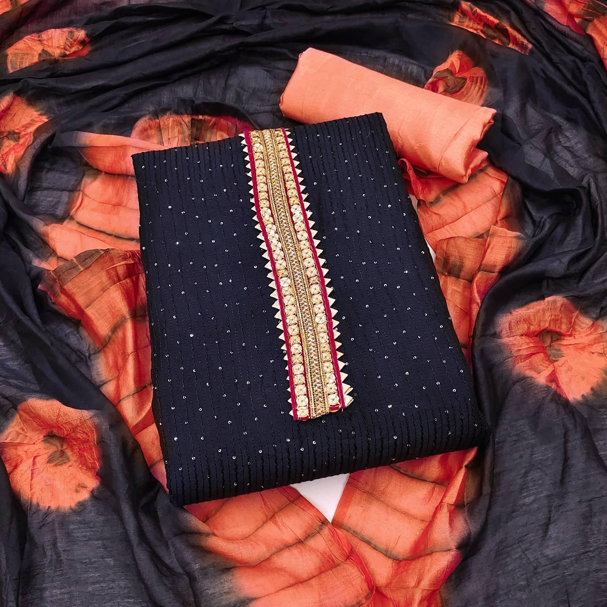 Blue Embroidered With Embellished Cotton Blend Dress Material - Peachmode