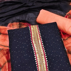 Blue Embroidered With Embellished Cotton Blend Dress Material - Peachmode