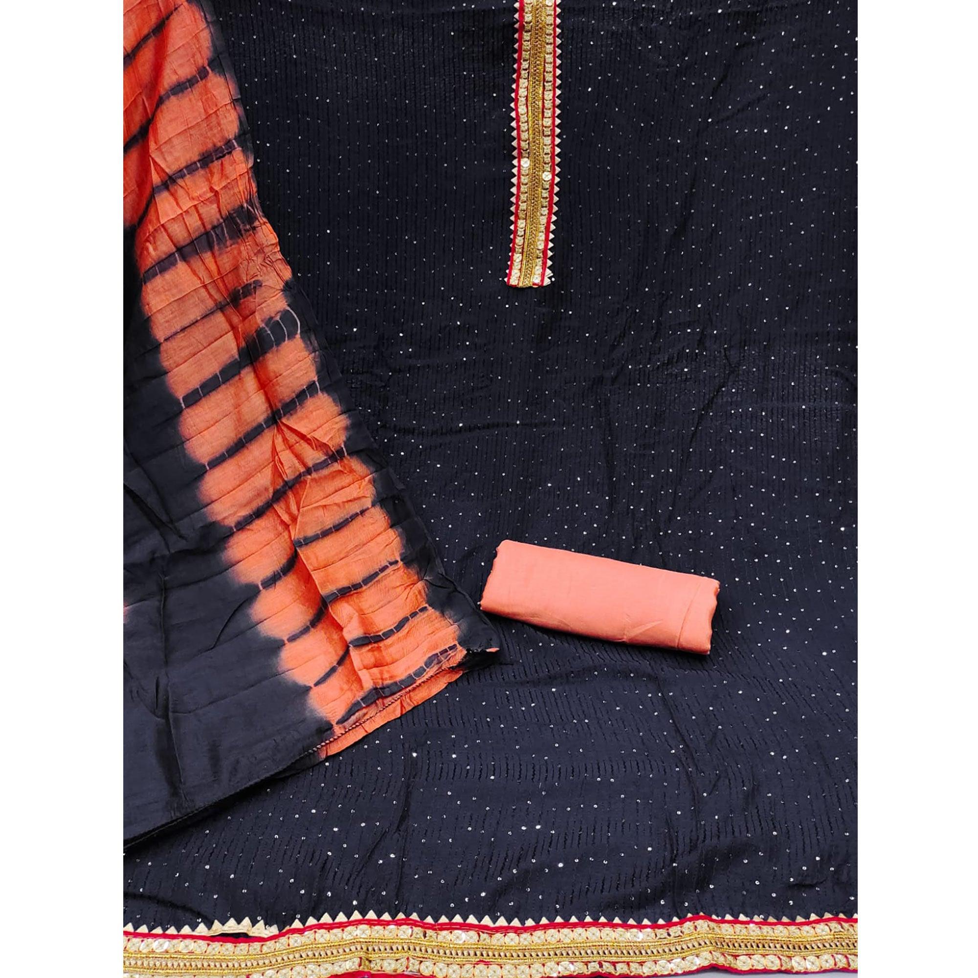 Blue Embroidered With Embellished Cotton Blend Dress Material - Peachmode