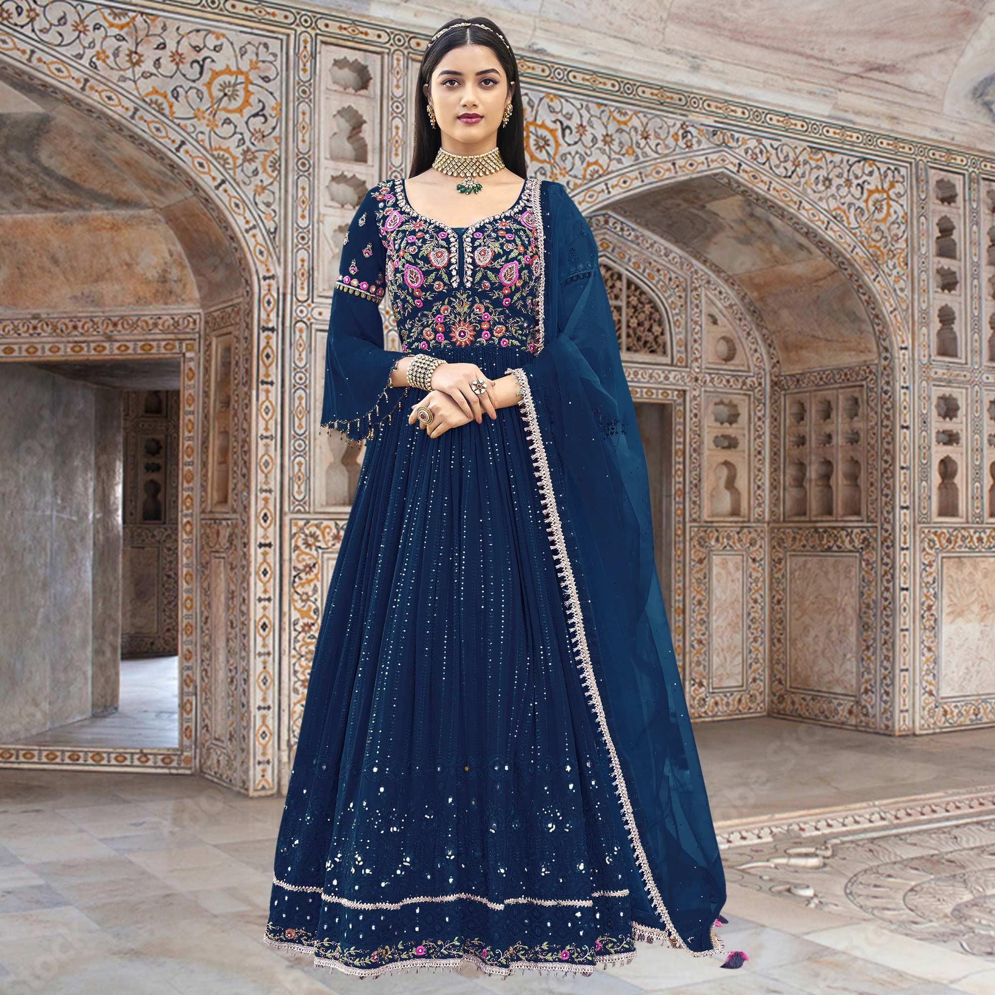 Blue Embroidered With Embellished Georgette Anarkali Style Gown - Peachmode