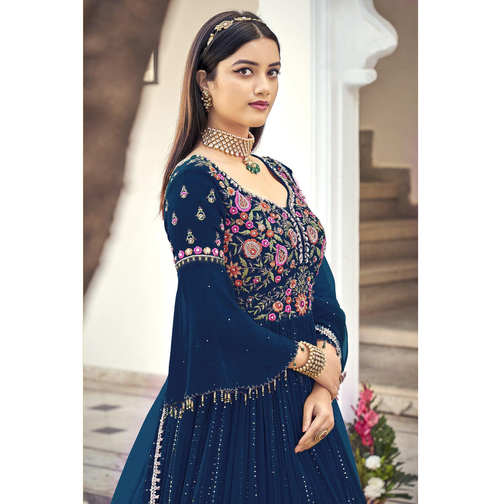 Blue Embroidered With Embellished Georgette Anarkali Style Gown - Peachmode