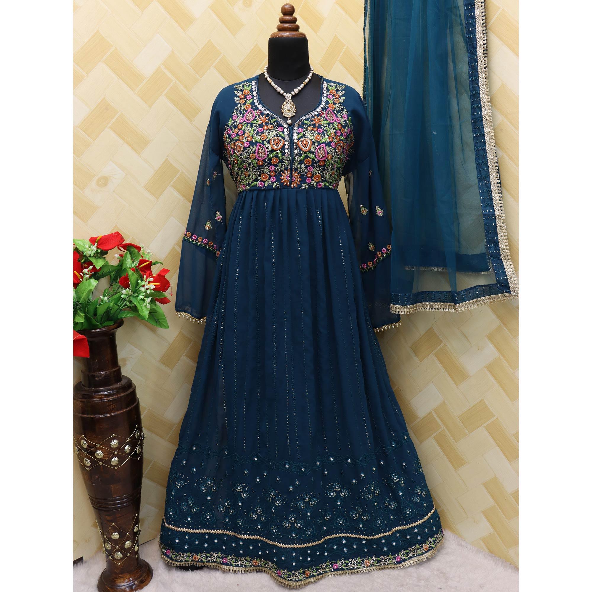 Blue Embroidered With Embellished Georgette Anarkali Style Gown - Peachmode