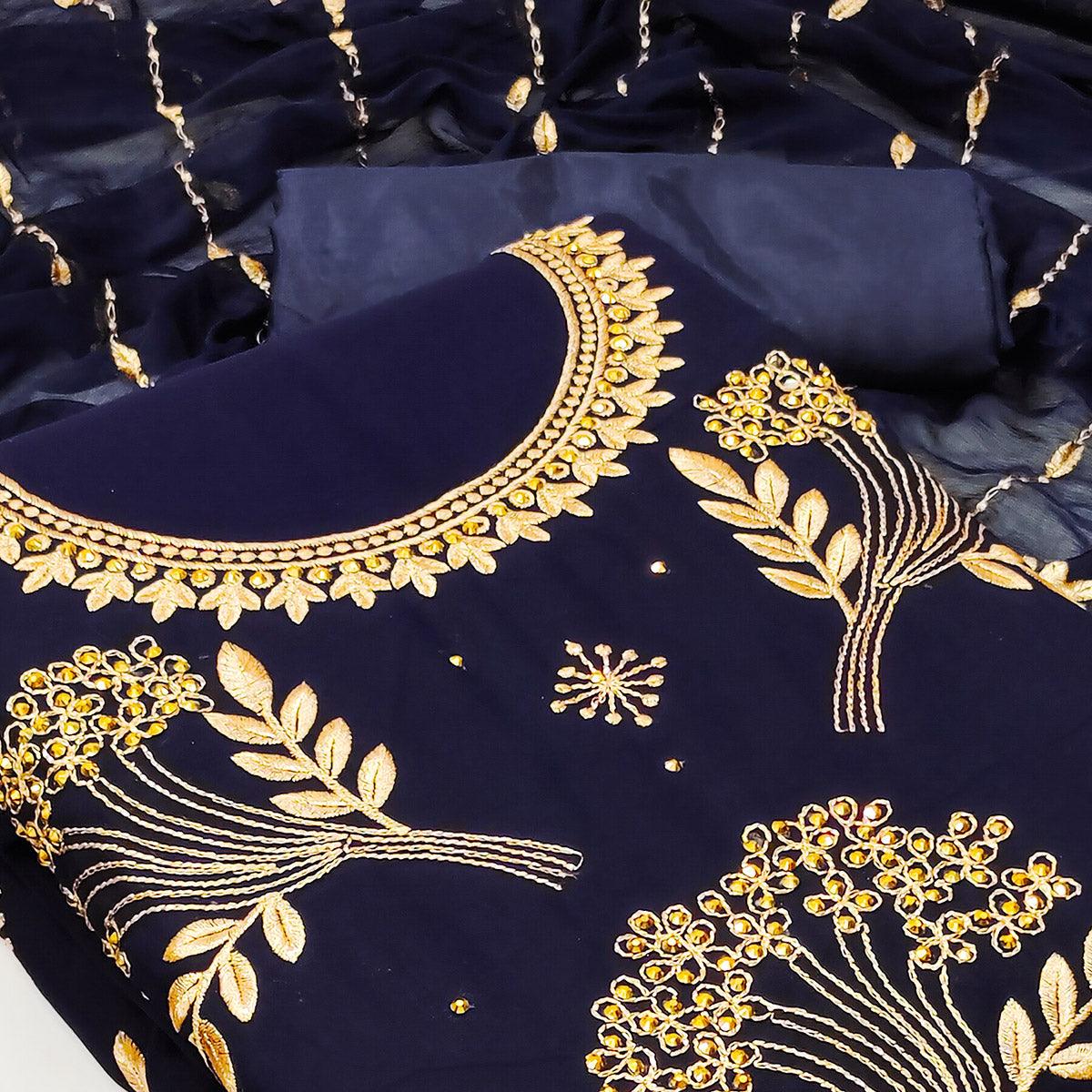 Blue Embroidered With Embellished Georgette Dress Material - Peachmode