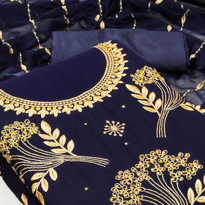 Blue Embroidered With Embellished Georgette Dress Material - Peachmode