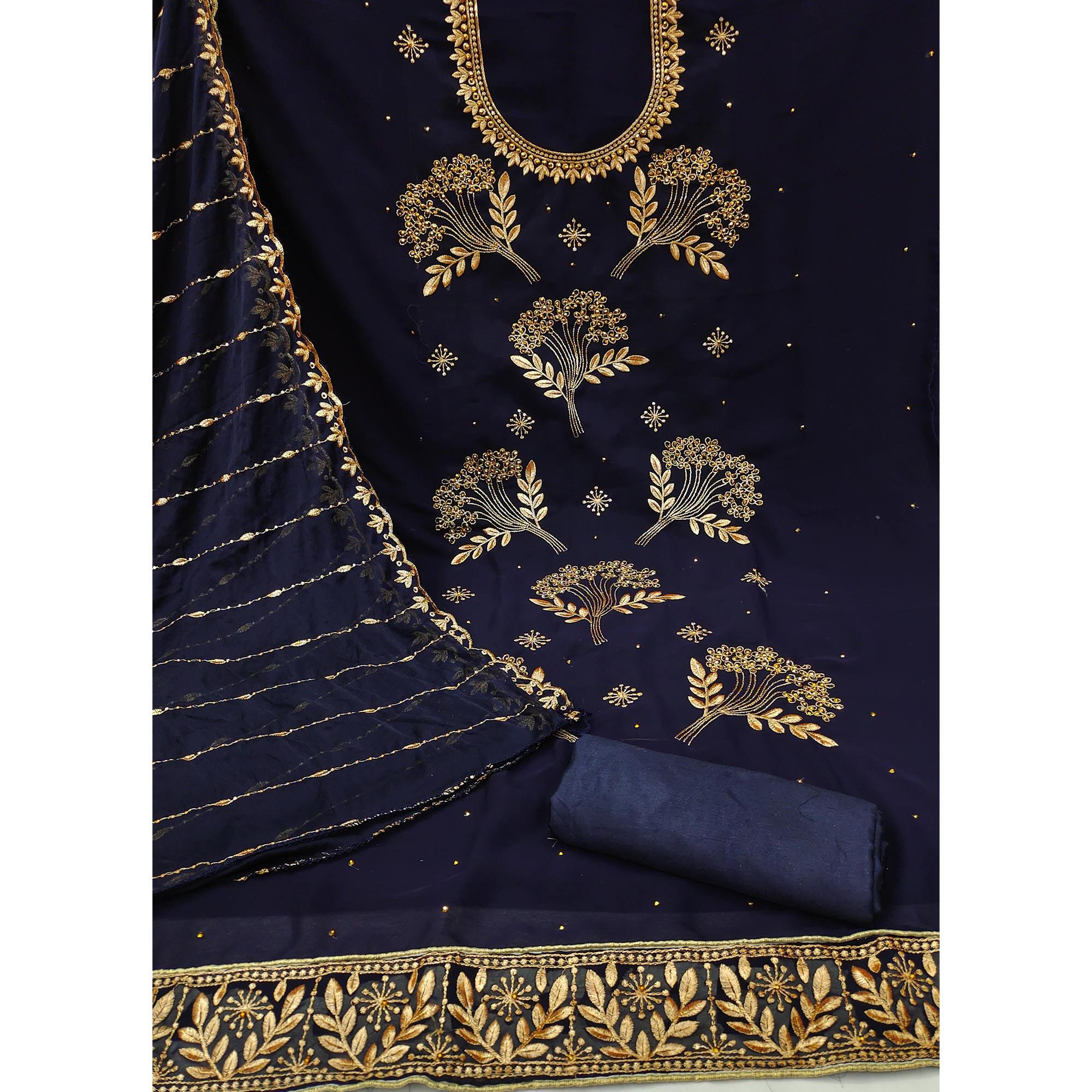 Blue Embroidered With Embellished Georgette Dress Material - Peachmode