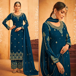 Blue Embroidered With Embellished Georgette Palazzo Suit - Peachmode