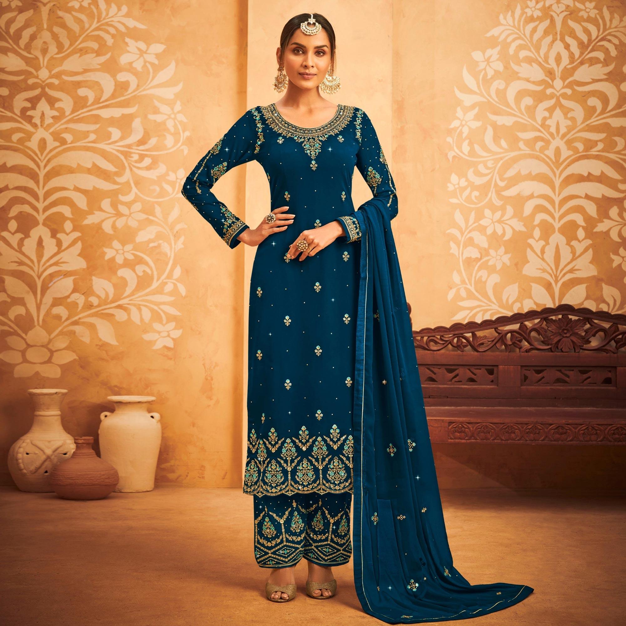 Blue Embroidered With Embellished Georgette Palazzo Suit - Peachmode