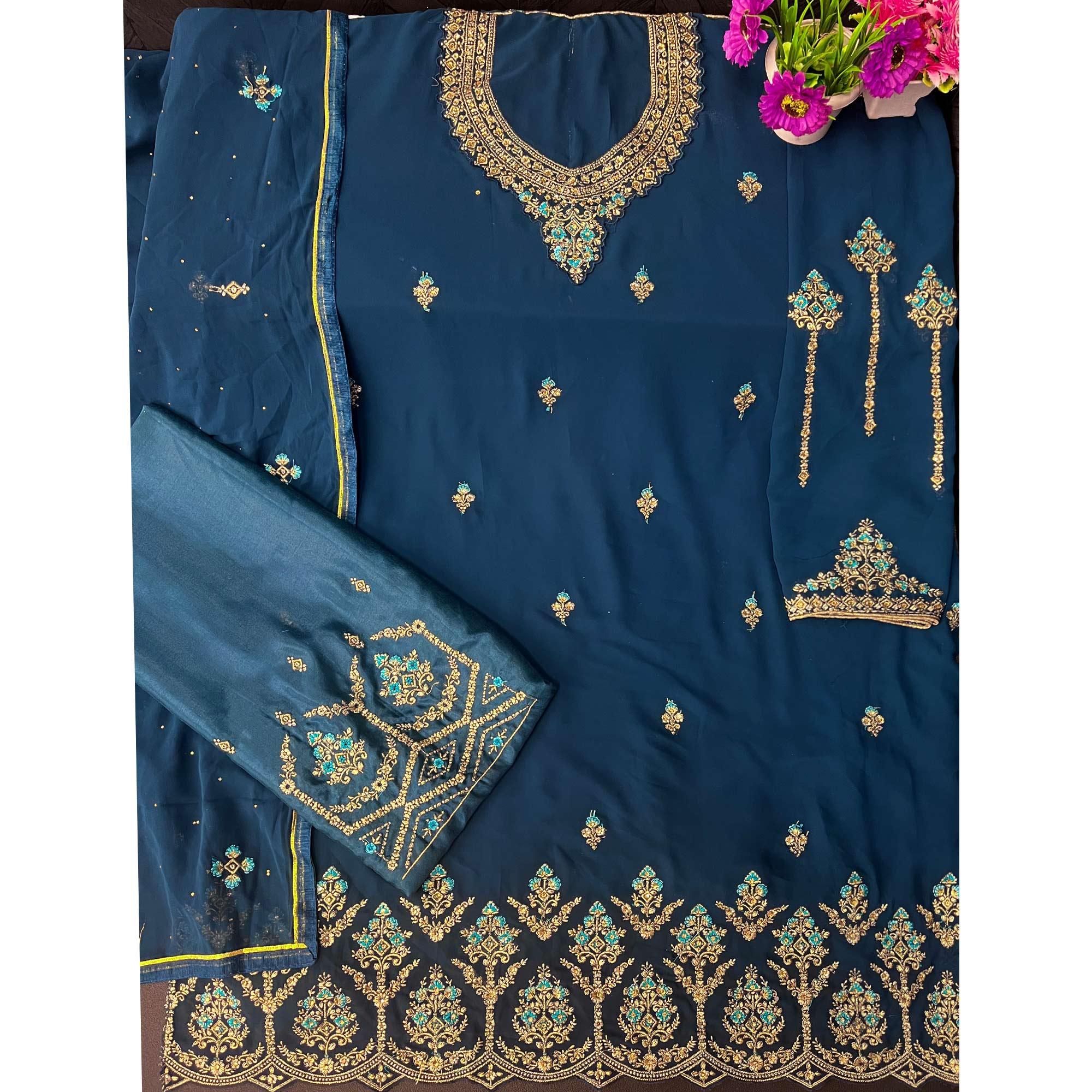 Blue Embroidered With Embellished Georgette Palazzo Suit - Peachmode