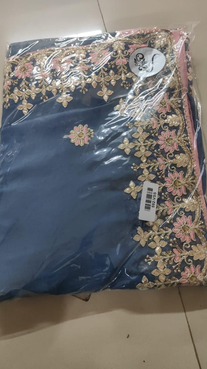 Blue Embroidered With Embellished Georgette Saree - Peachmode