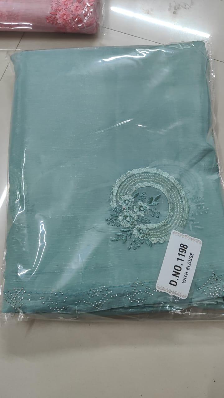 Blue Embroidered With Embellished Georgette Saree - Peachmode