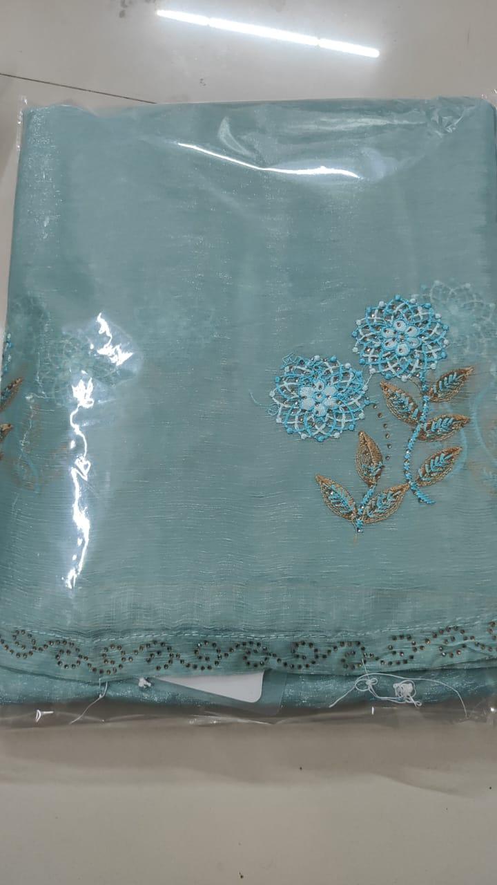 Blue Embroidered With Embellished Georgette Saree - Peachmode