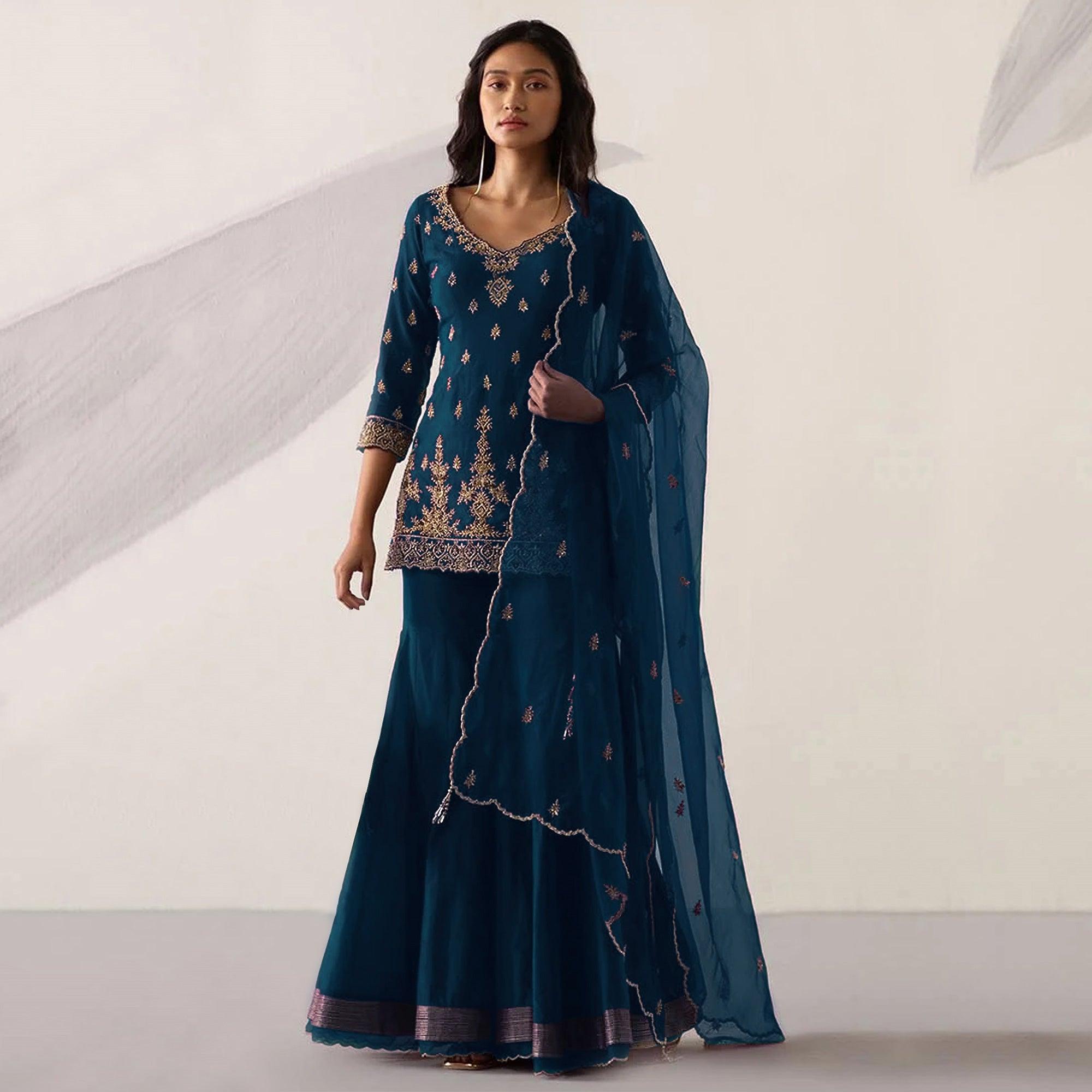 Blue Embroidered With Embellished Georgette Sharara Suit - Peachmode