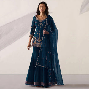 Blue Embroidered With Embellished Georgette Sharara Suit - Peachmode