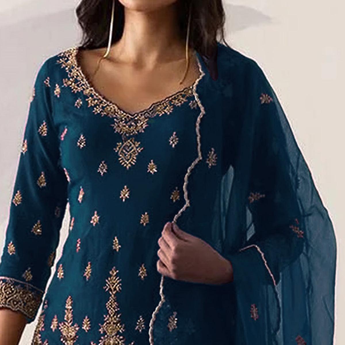 Blue Embroidered With Embellished Georgette Sharara Suit - Peachmode