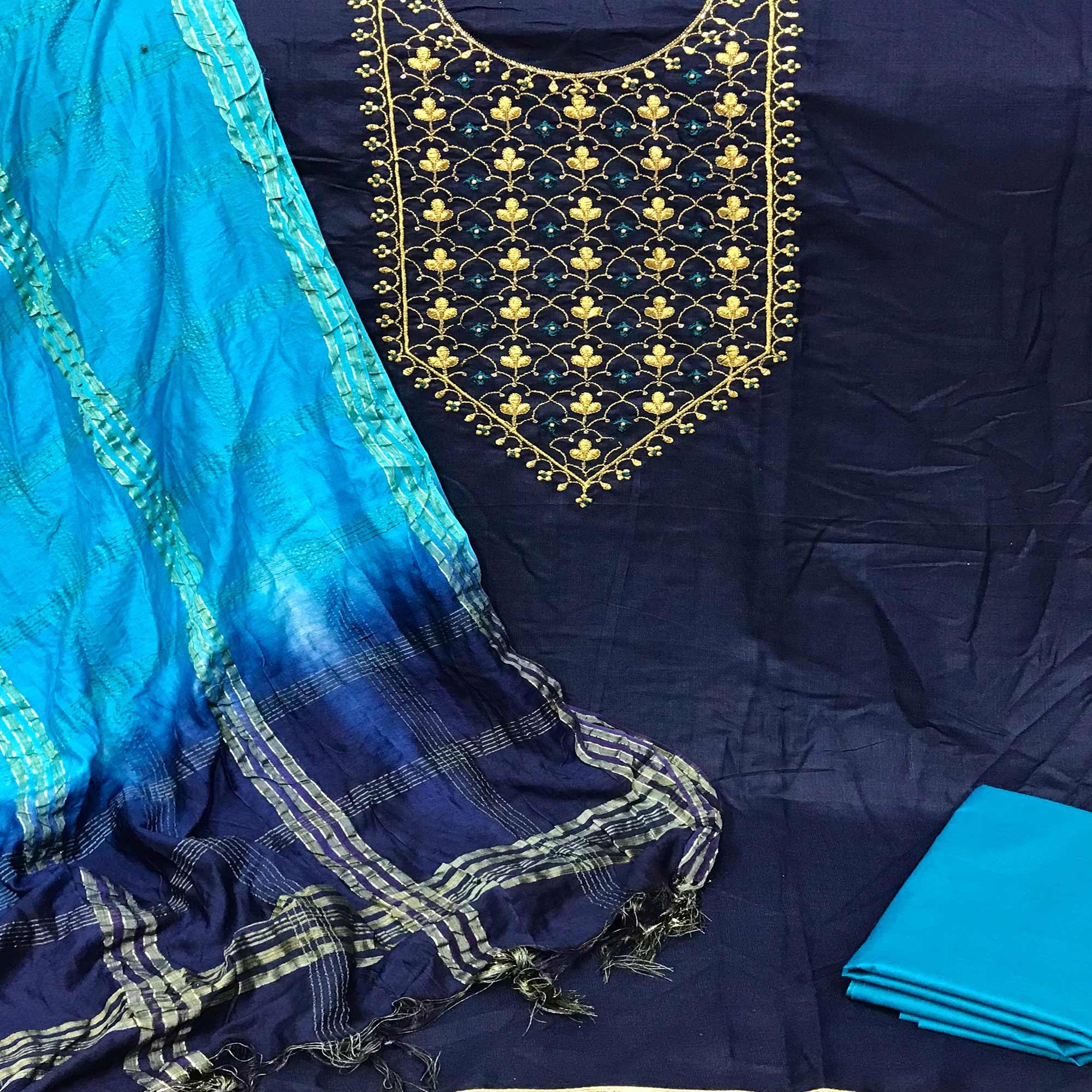 Blue Embroidered With Embellished Poly Cotton Dress Material - Peachmode