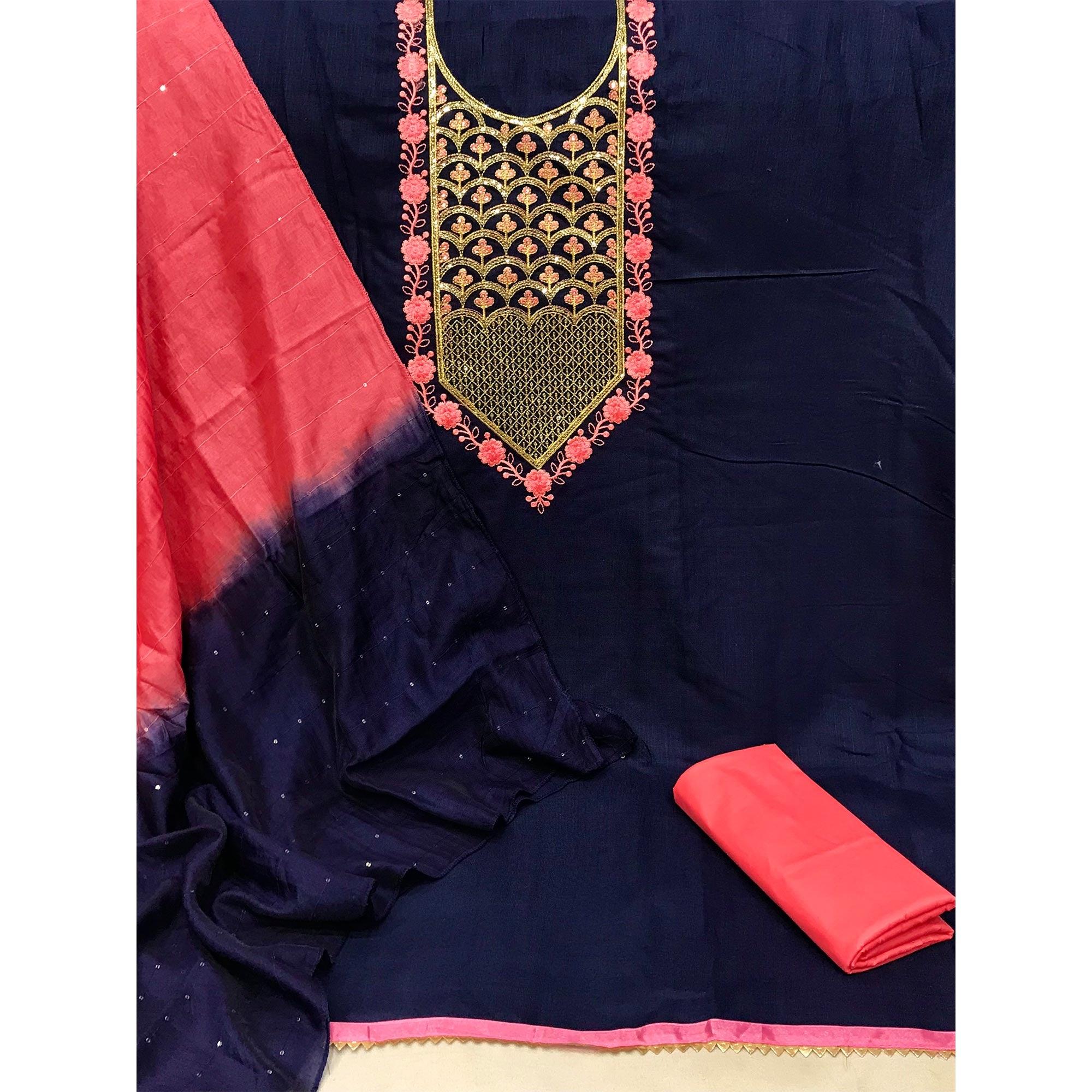 Blue Embroidered With Embellished Poly Cotton Dress Material - Peachmode