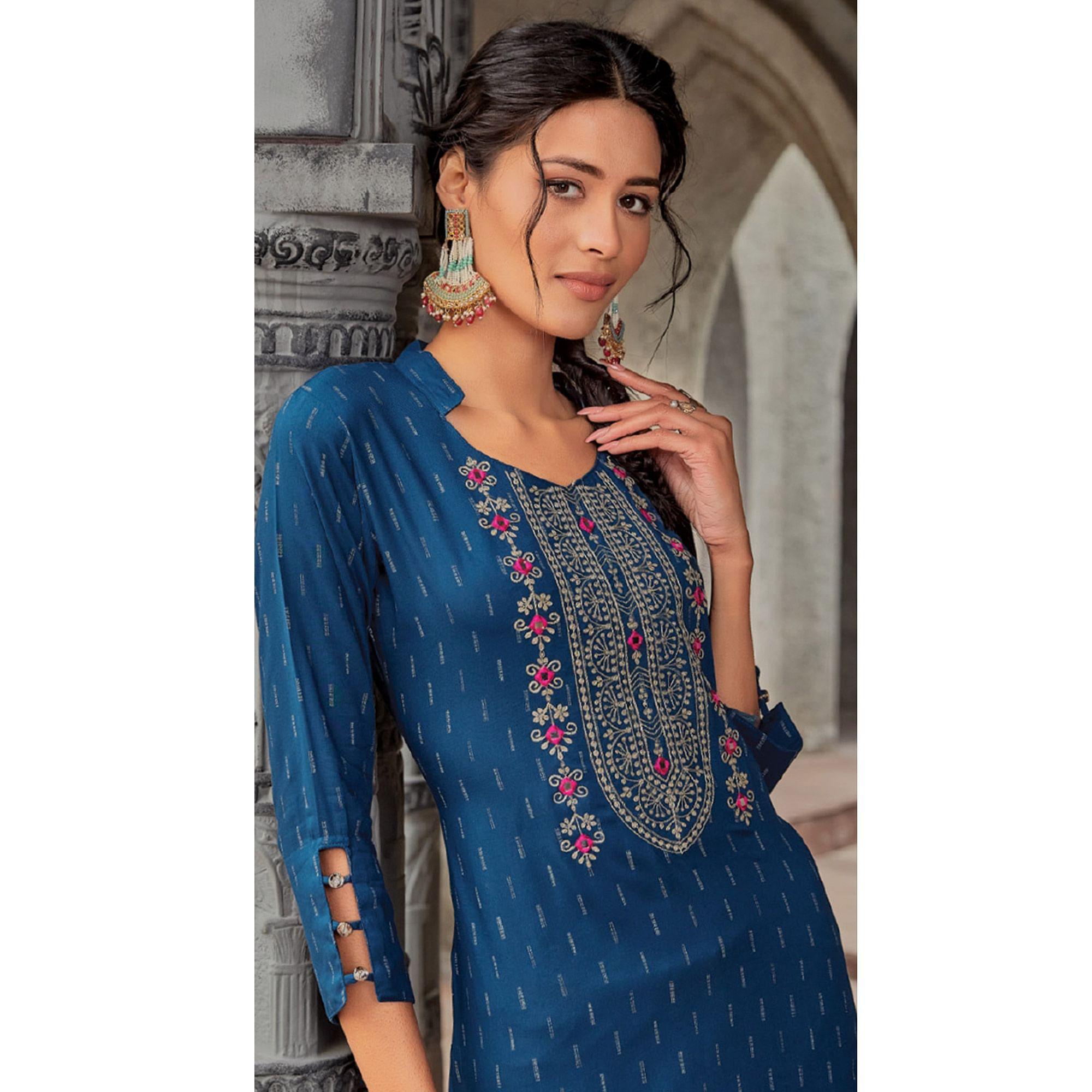 Blue Embroidered With Embellished Pure Cotton Kurti - Peachmode