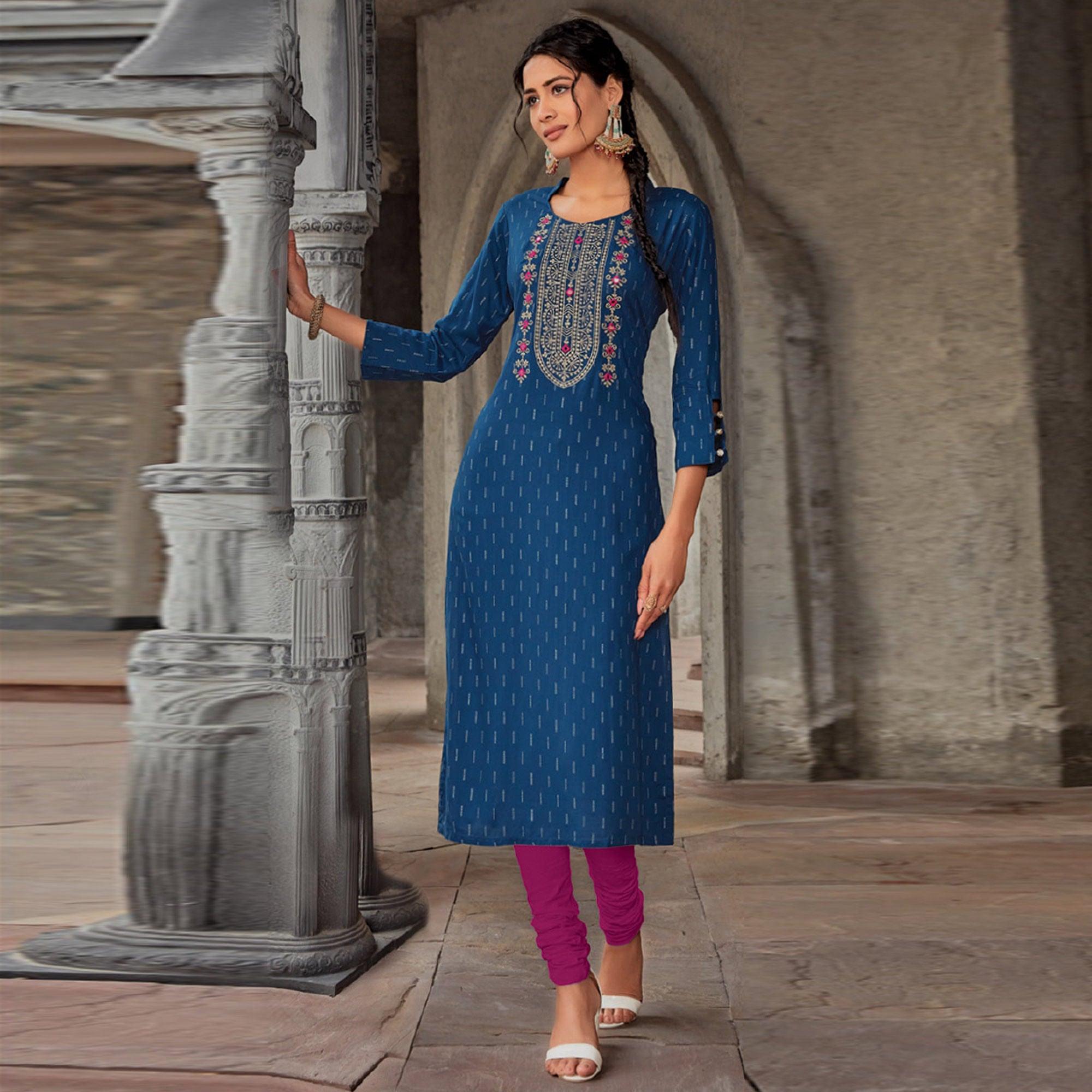 Blue Embroidered With Embellished Pure Cotton Kurti - Peachmode
