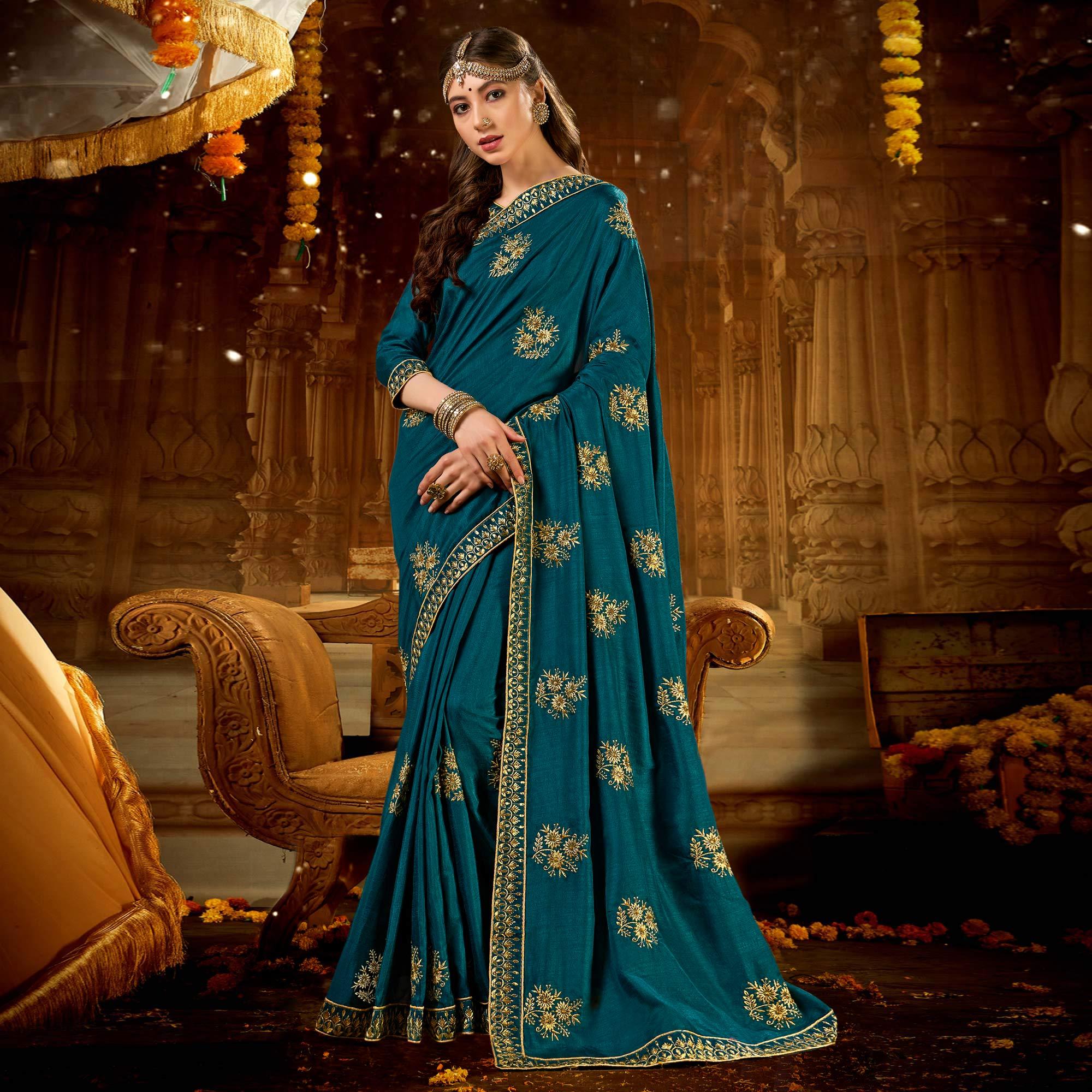 Blue Embroidered With Embellished Vichitra Silk Saree - Peachmode