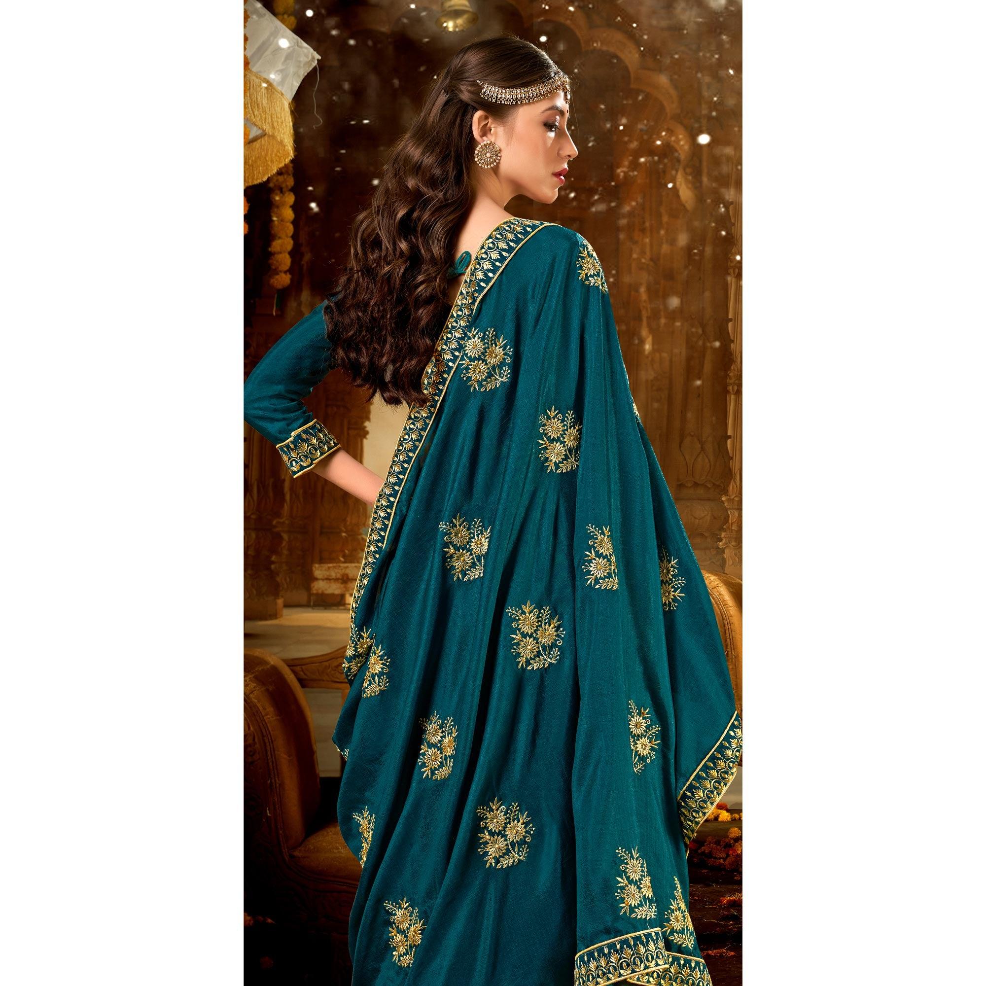 Blue Embroidered With Embellished Vichitra Silk Saree - Peachmode