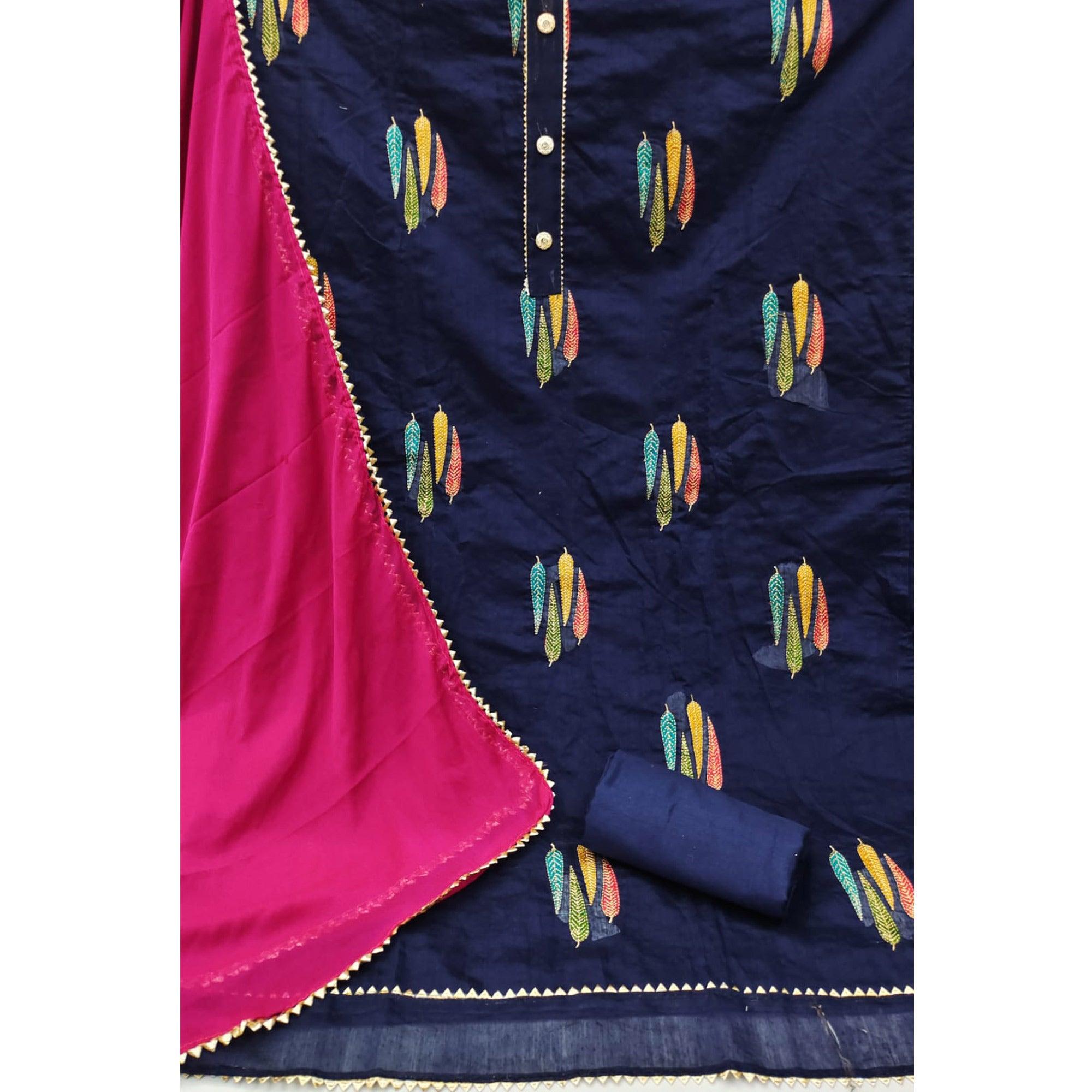 Blue Embroidered With Gota Patti Work Chanderi Dress Material - Peachmode