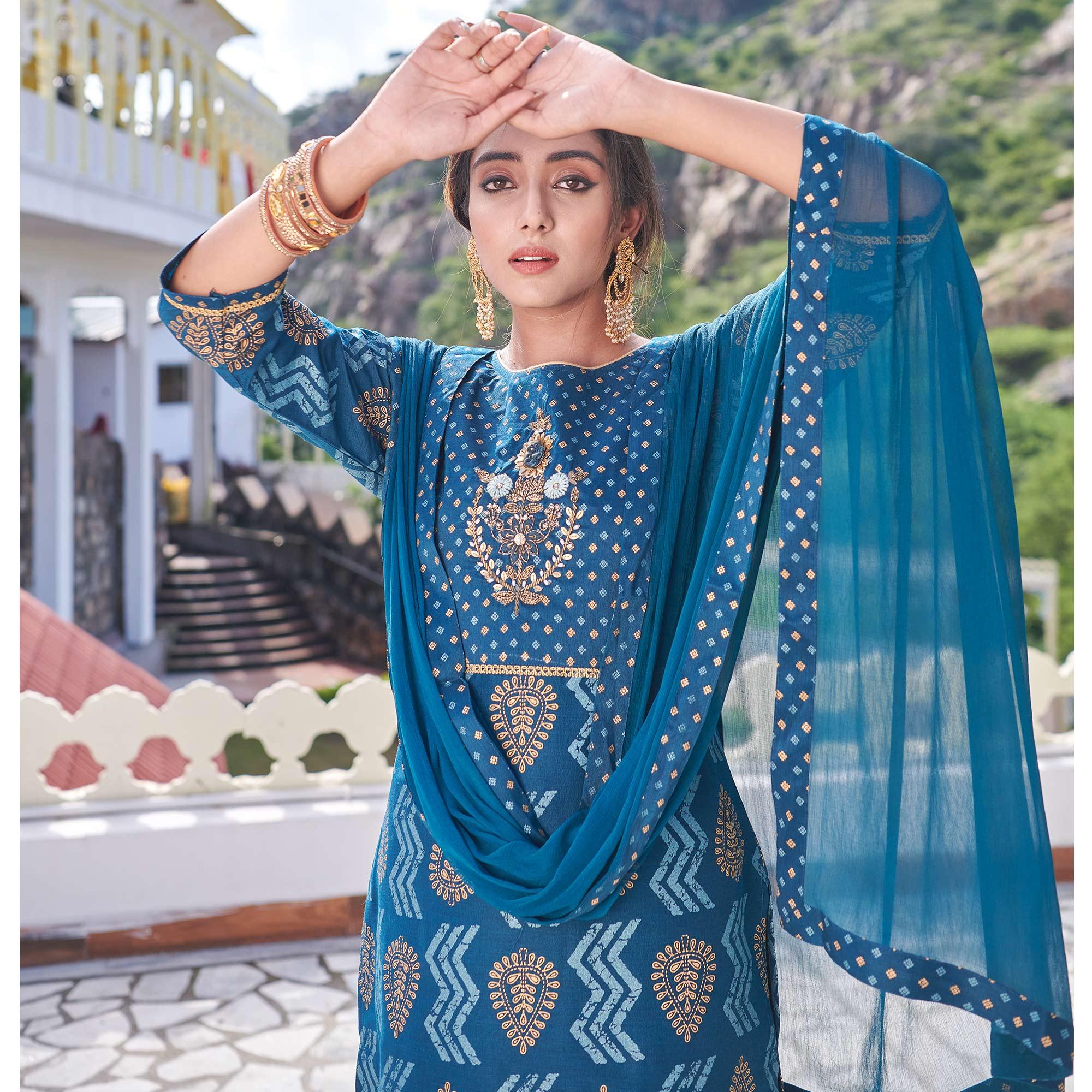 Blue Embroidered With Print Rayon Silk Partywear Suit - Peachmode