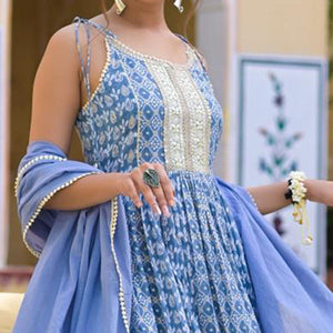 Blue Embroidered With Printed Cotton Anarkali Suit - Peachmode