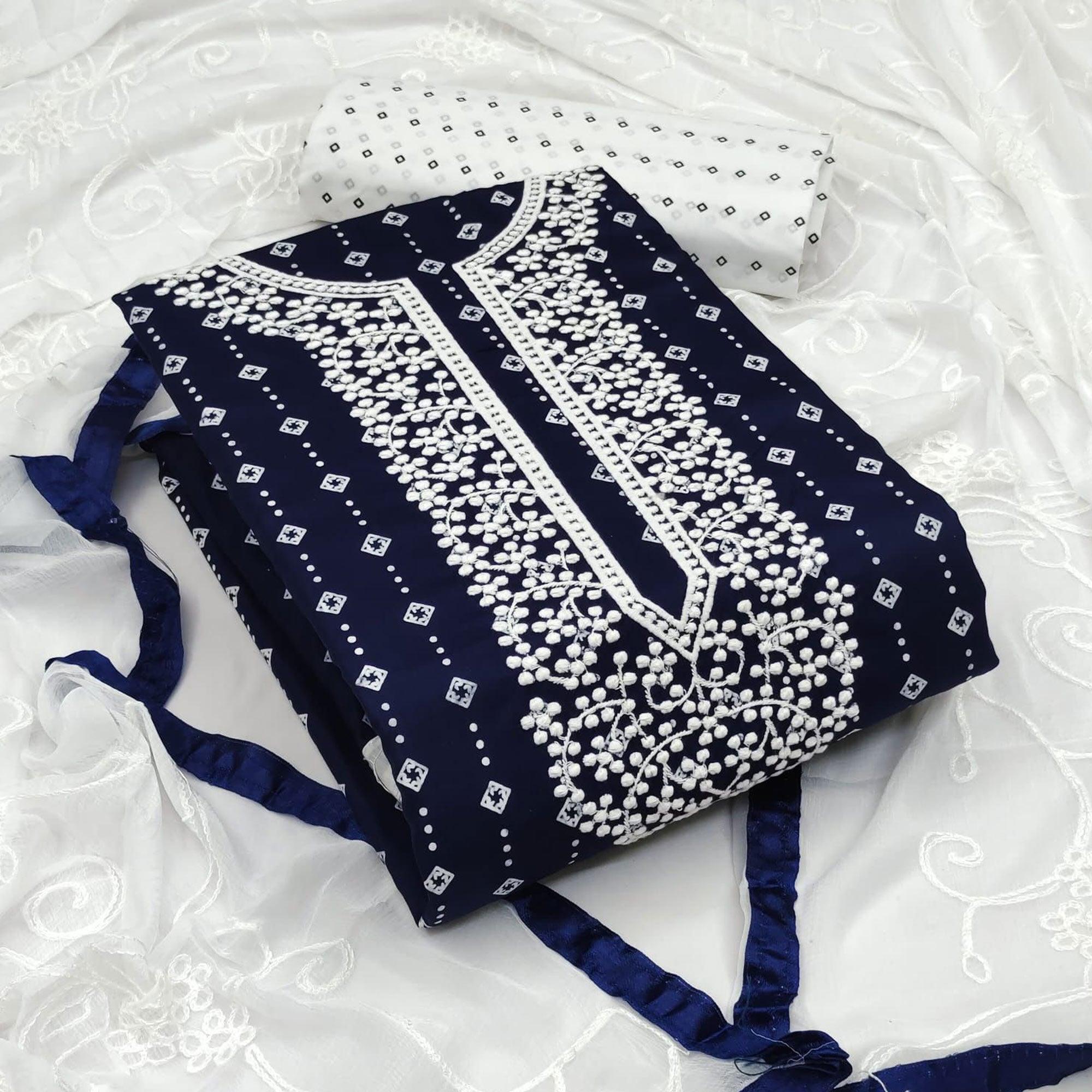 Blue Embroidered With Printed Rayon Dress Material - Peachmode