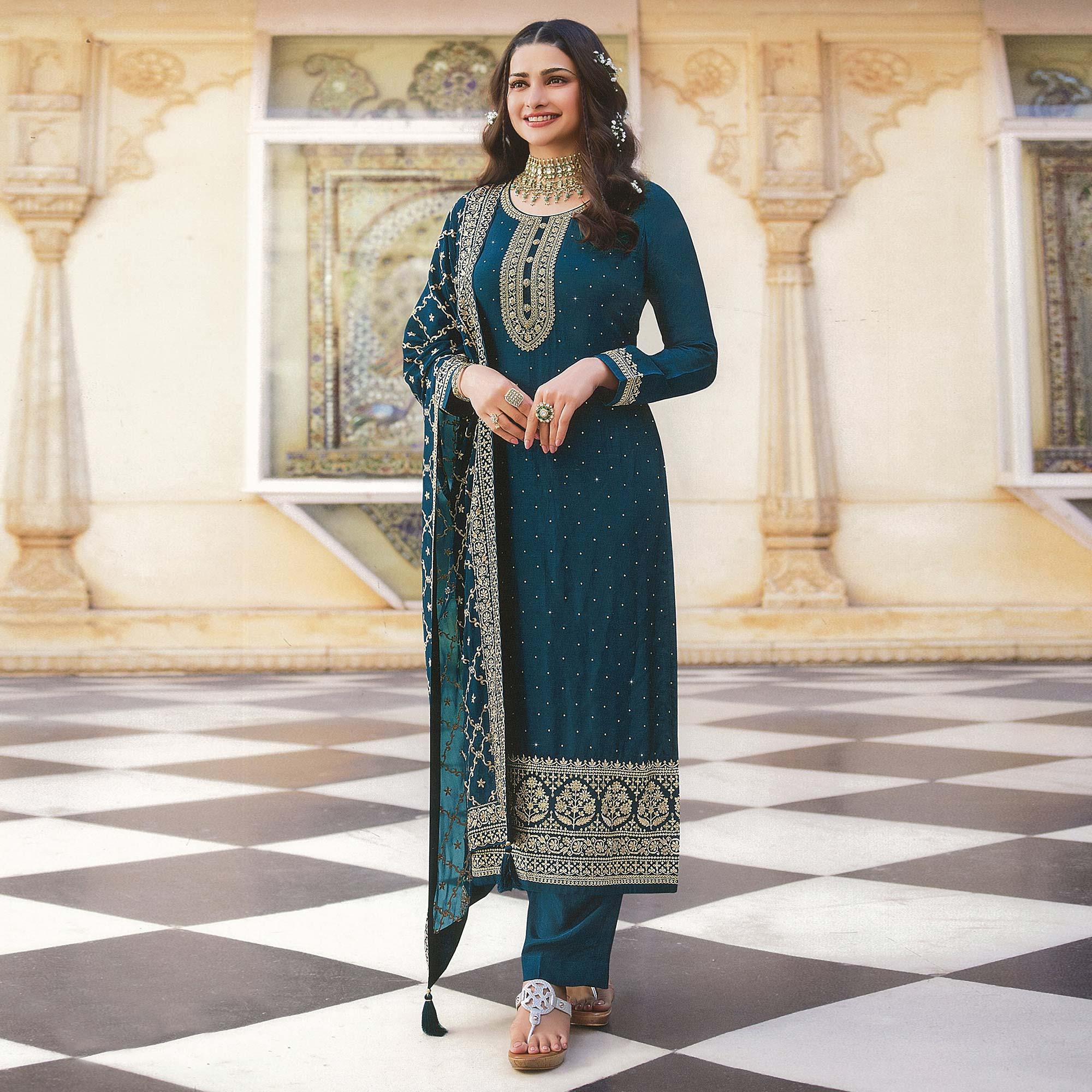Blue Embroidered With Swarovski Work Dola Silk Salwar Suit - Peachmode