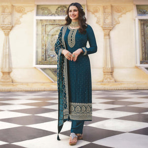 Blue Embroidered With Swarovski Work Dola Silk Salwar Suit - Peachmode