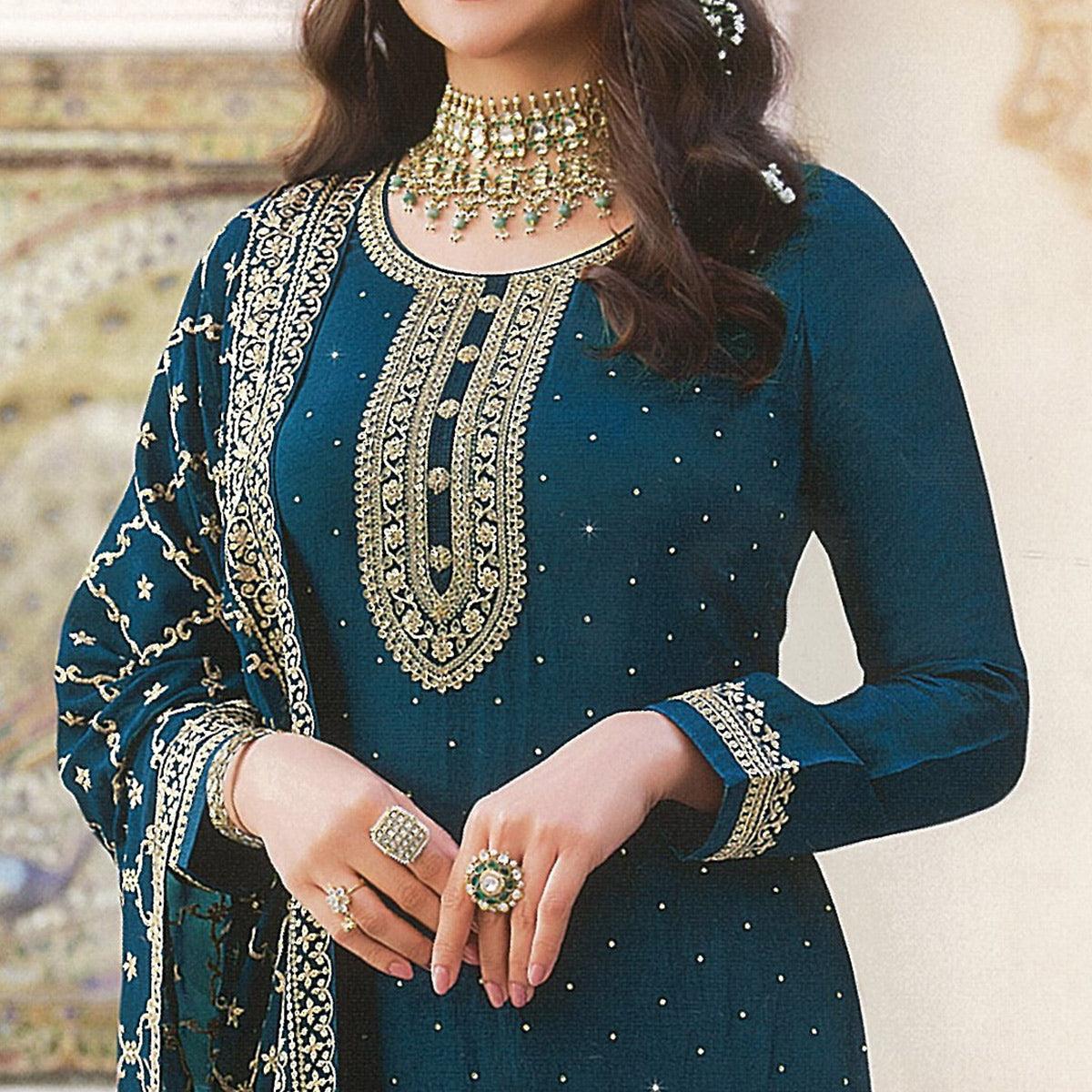 Blue Embroidered With Swarovski Work Dola Silk Salwar Suit - Peachmode