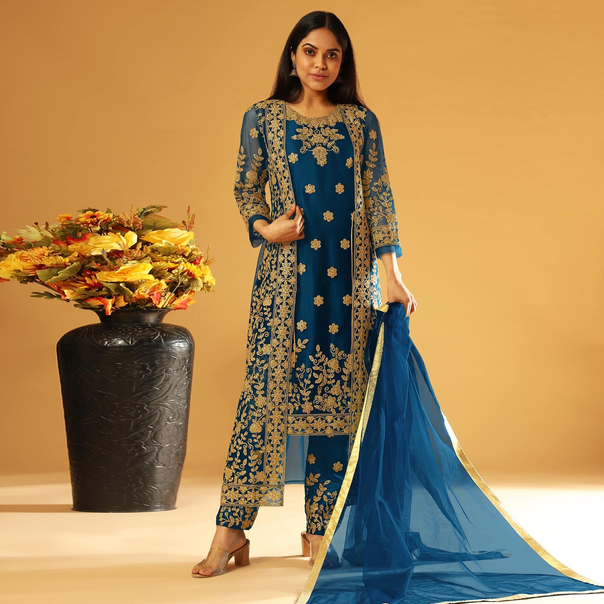 Blue Embroidery & Cording Work Net Partywear Suit With Koti - Peachmode