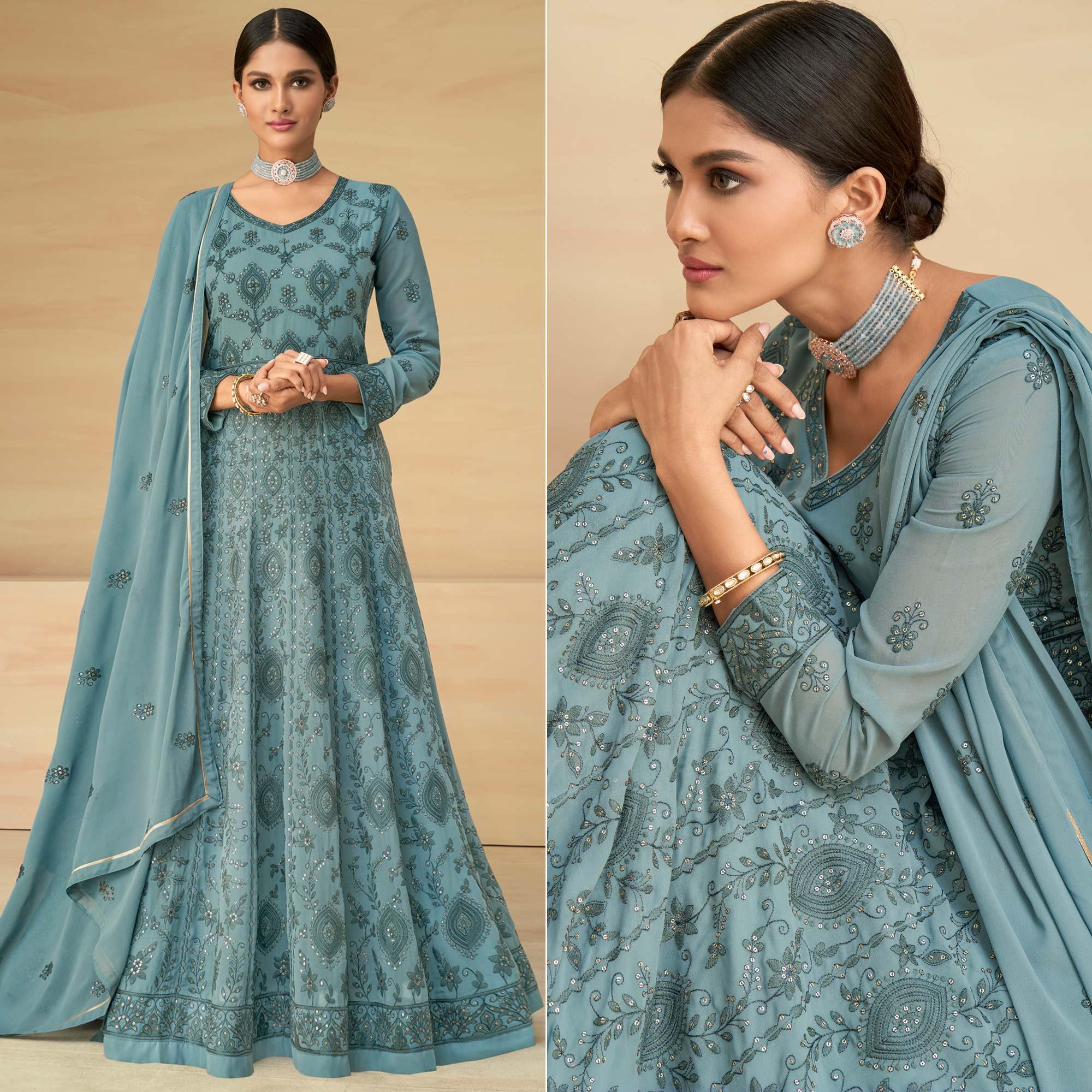 Blue Embroidery With Embellished Work Georgette Partywear Gown - Peachmode