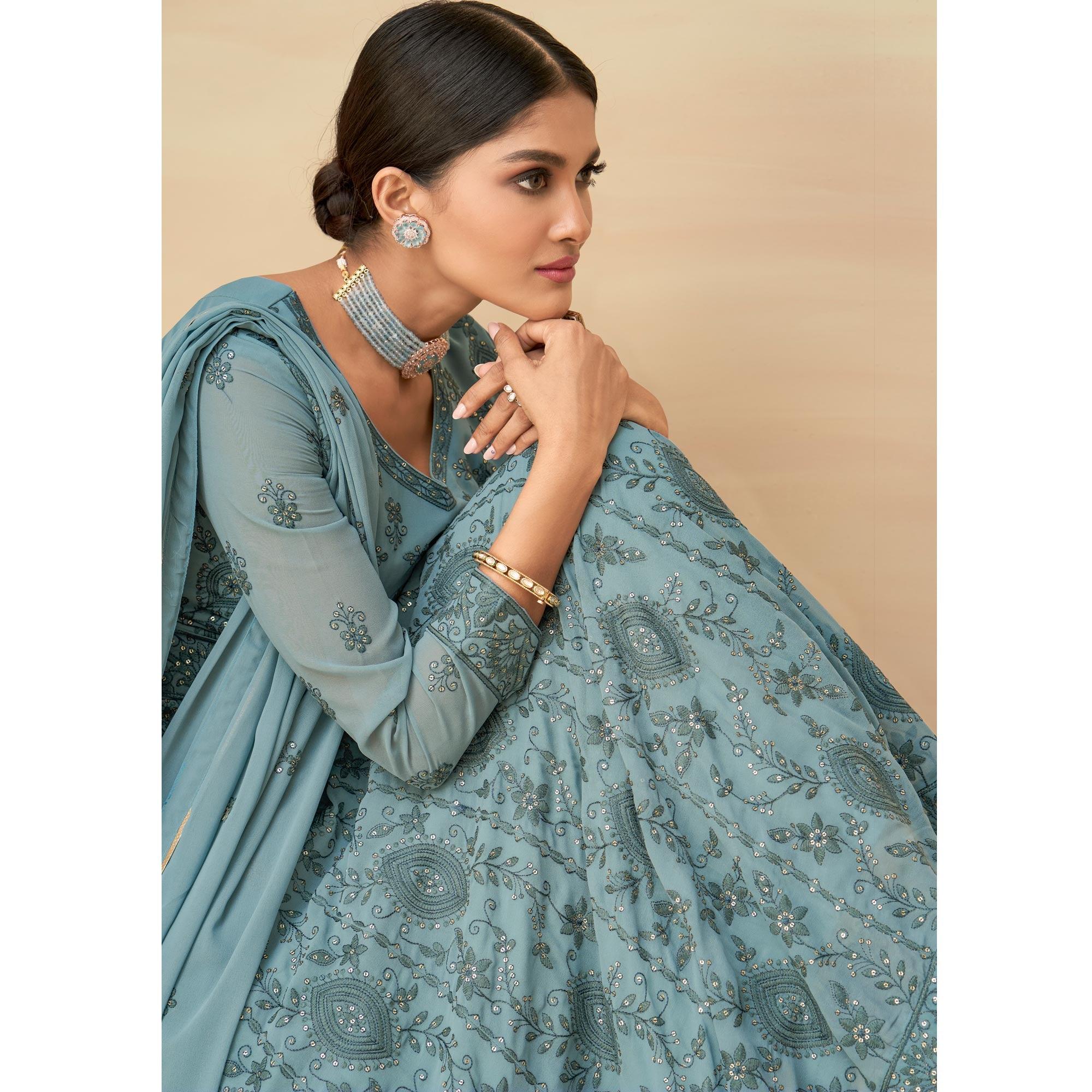 Blue Embroidery With Embellished Work Georgette Partywear Gown - Peachmode